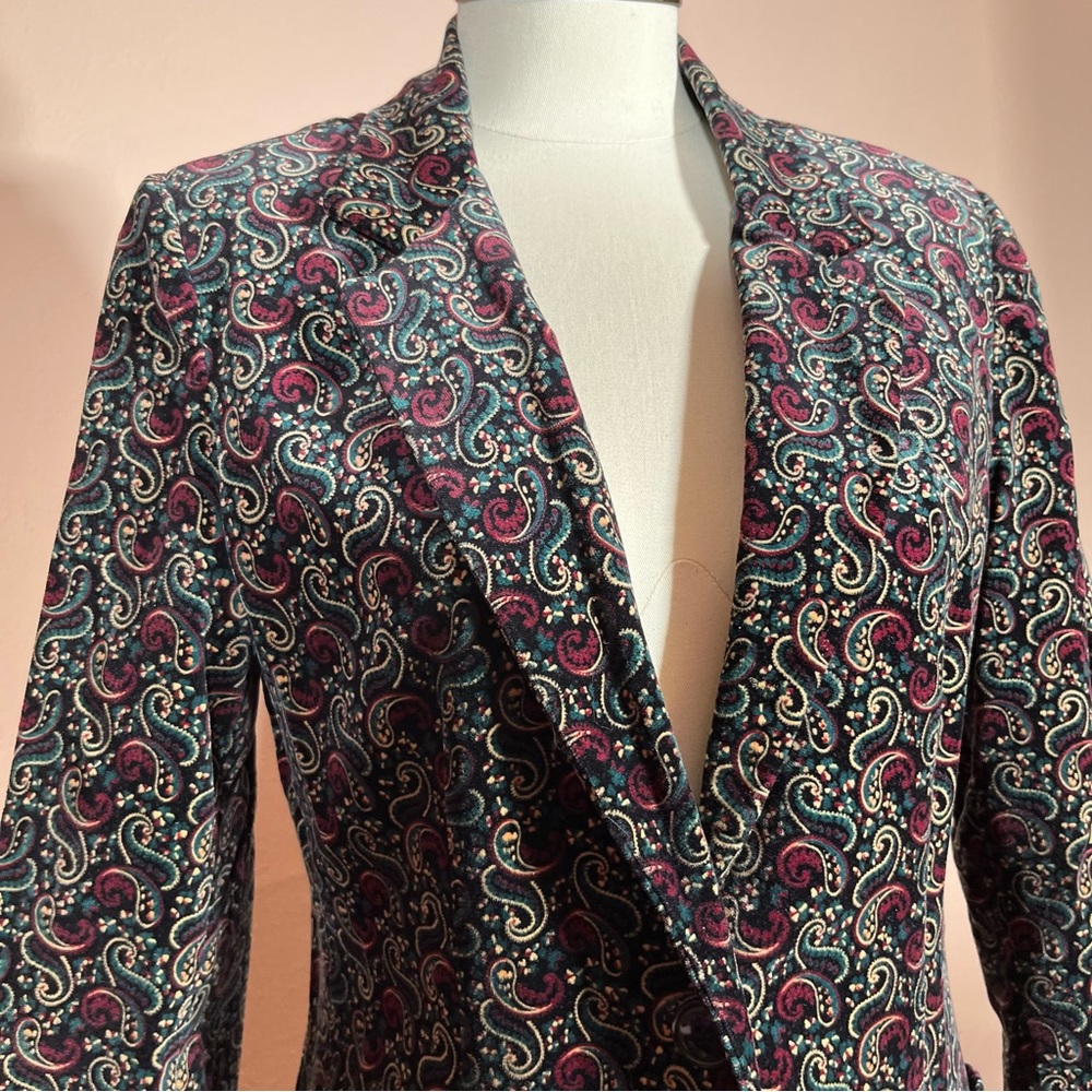 Vintage Black Velvet Paisley Teal Red Retro Tuxedo Blazer ILGWU